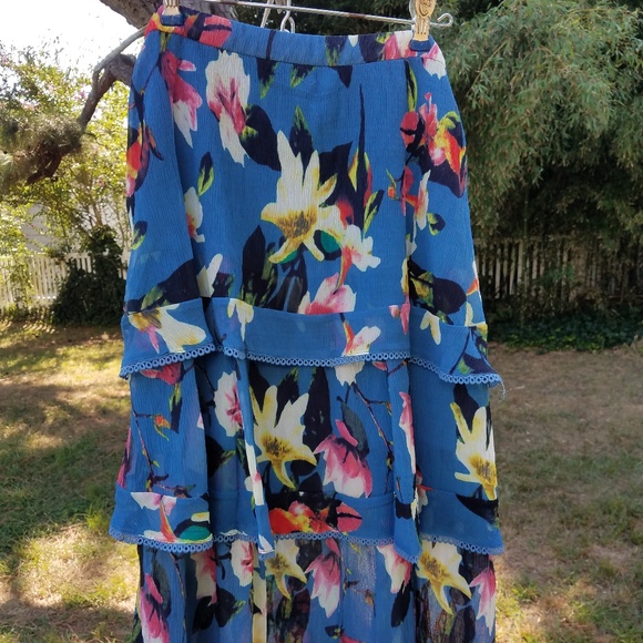 New Anthropologie Tiered Blue Floral Midi Skirt by Foxiedox Size L - Picture 4 of 7